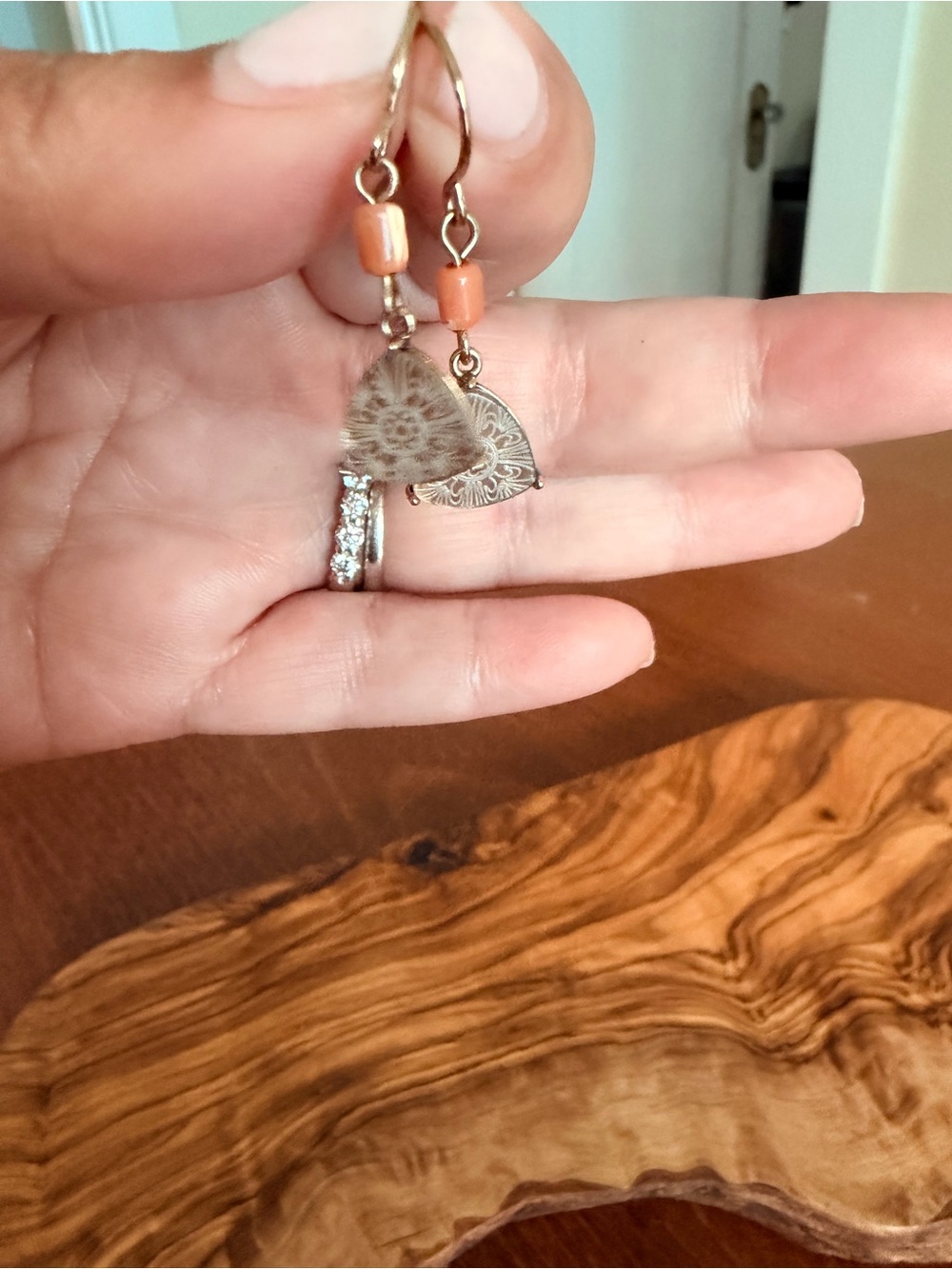 Monet Coral Bead & Textured Gold Heart Drop Earrings